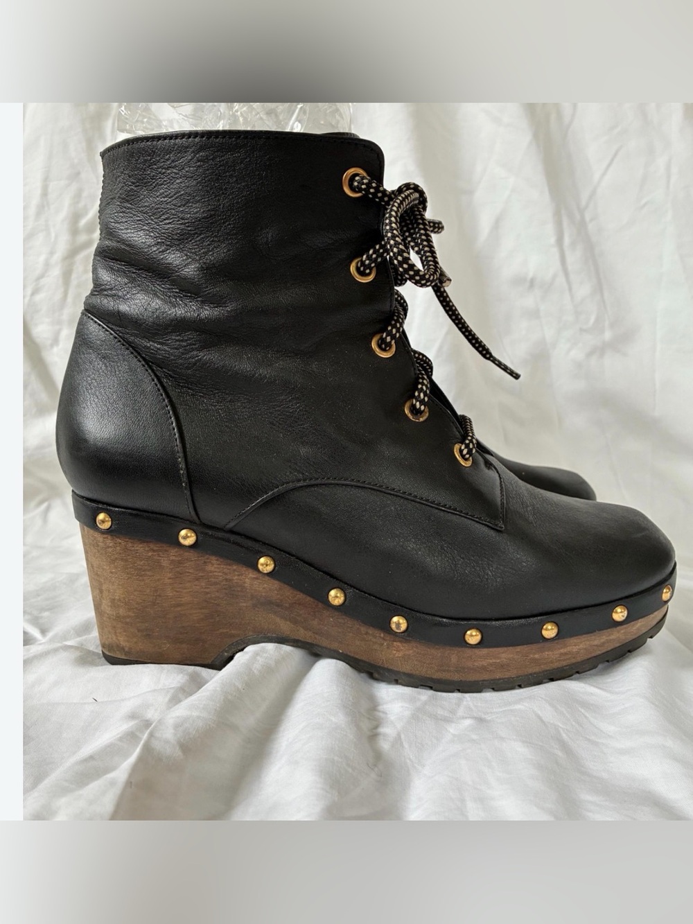Black Leather Lace-Up Wedge Boots with Gold Stud Detailing